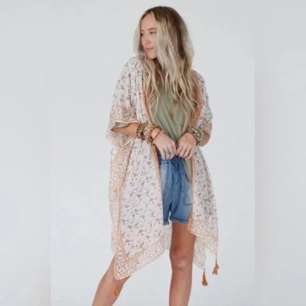 Camel Ditsy Floral Paisley Kimono Open Wrap Coverup Top One Size